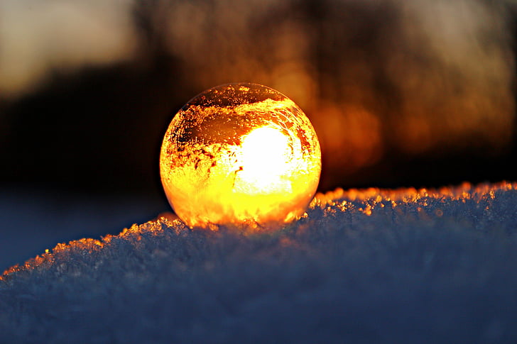 soap bubble, eiskristalle, frost blister, afterglow, sunset, fire, frozen