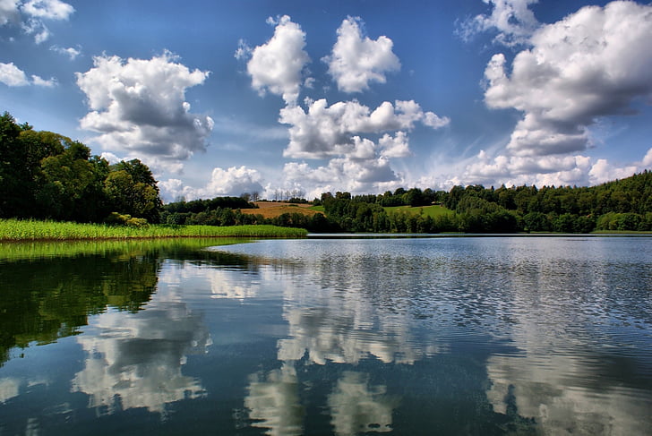 Lac, nature, nuages, vert, paysage, eau, Kaszuby
