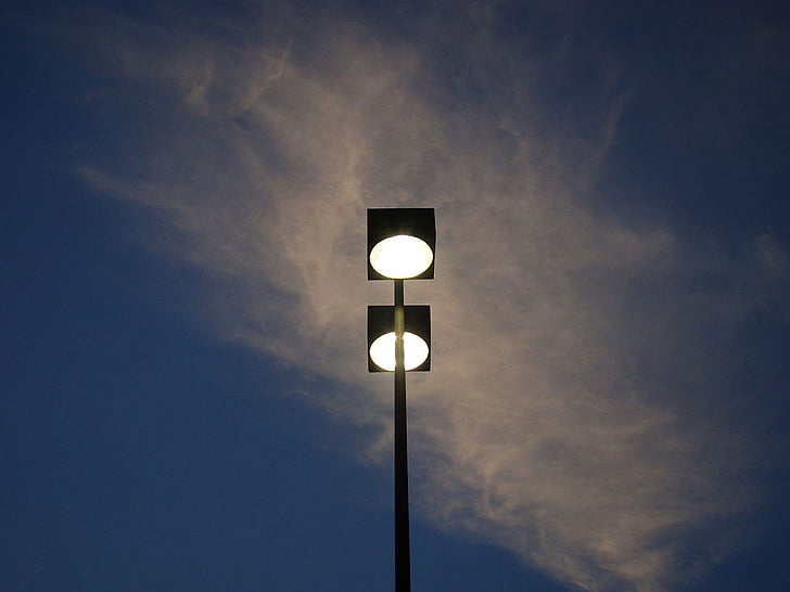 lamp, light, street, sky, clouds, evening, dusk
