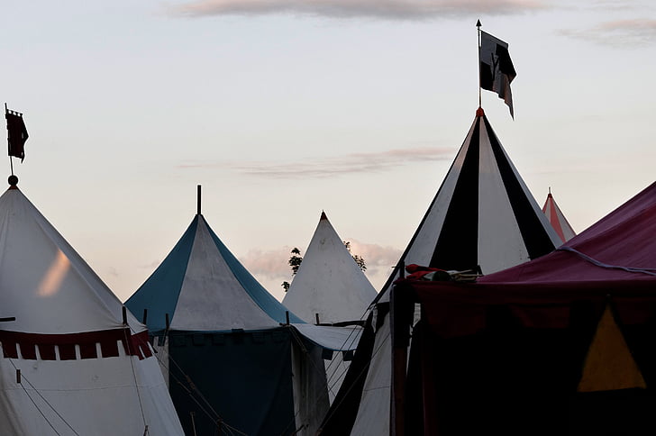 medieval market, army camp, tent tips, sky, clouds