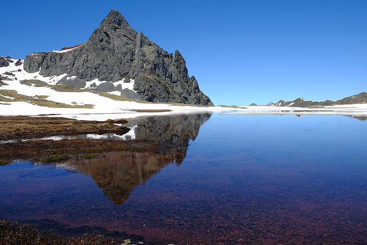 Pirineos, pico, montaña, reflexión, Lago, azul, piedra