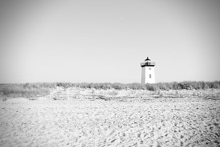 grayscale, photography, lighthouse, beach, black and white, beach sand, sand dune