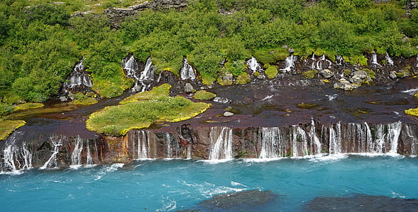 barnafoss, waterfalls, iceland, water, blue, landscape