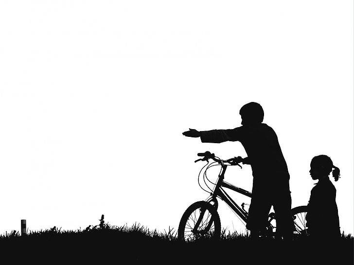kids, bike, silhouette, black and white, pointing, bicycle, child