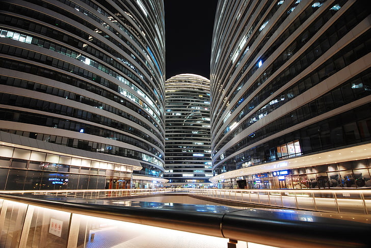 vista nocturna, edifici, línia, ciutat, Pequín, Wangjing, comercial