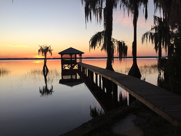 tó santa fe, Pier, naplemente, fák ciprusok, Melrose, Florida, Amerikai Egyesült Államok