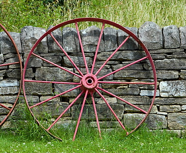 rueda de carro, rueda, antiguo, rojo, que se inclina, pared, piedra