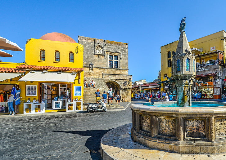 rhodes, greece, town, square, fountain, pigeon, colorful