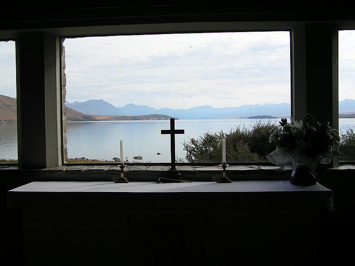 church, view, holiday, landscape, cross, window, lake