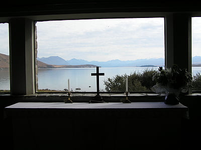 Crkva, Prikaz, odmor, krajolik, križ, prozor, jezero