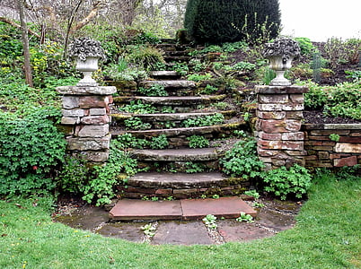kroki, kamień, formalne, ogród, schody, filary, trawa