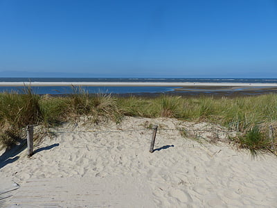 berjalan di pantai, pasir, putih, langit biru yang cerah, jelas, Langeoog, frisia Timur