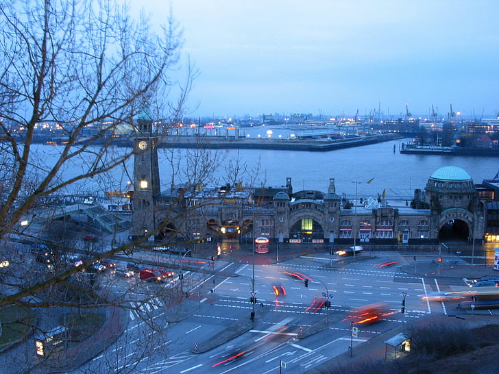 hamn, Hamburg, morgon, Elbe