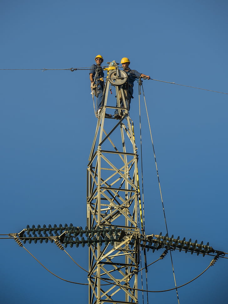 tower, electricity, electricians, hv, sky, blue, workers