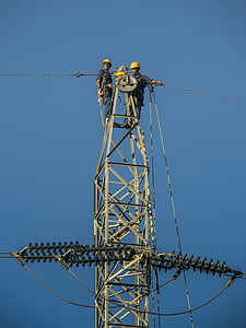 tower, electricity, electricians, hv, sky, blue, workers