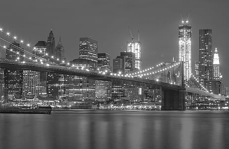 grijswaarden, foto, brug, stad, nacht, zwart, New york