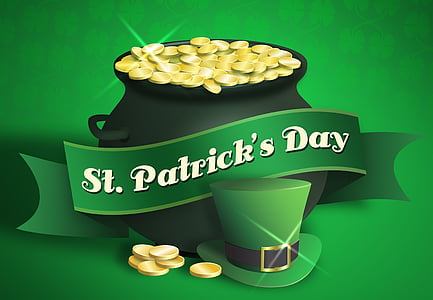 st patrick's day, saint patricks day, pot of gold, top hat, leprechaun, irish, luck