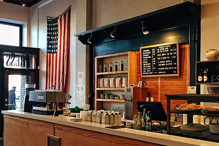 american flag, america, coffee, flag, shop, workplace, cafe