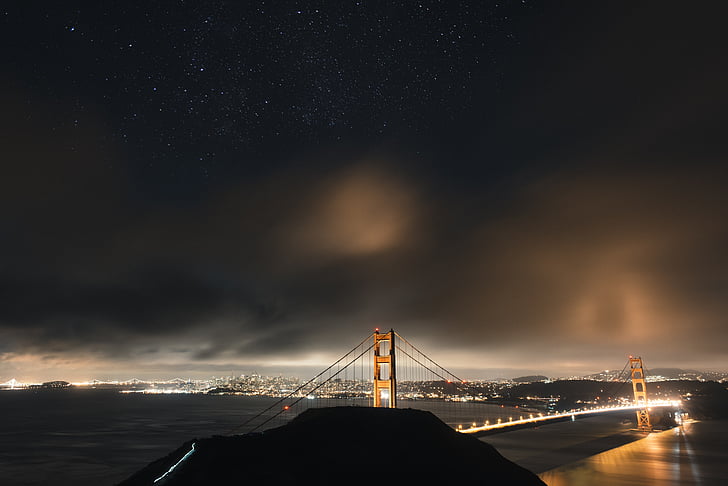 puente, ciudad, oscuro, Puente Golden gate, iluminados, Río, San Francisco