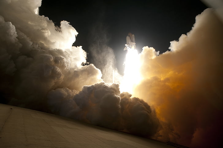 ruimte, Shuttle, lancering, surround, wit, rookt, op weg naar