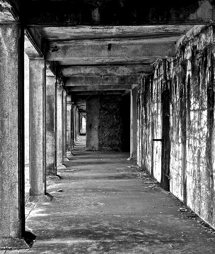 pier, building, old, decay, black and white, perspective