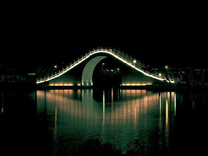 αρχιτεκτονική, γέφυρα, πόλη, σύνδεση, καμπύλες, σκούρο, το βράδυ