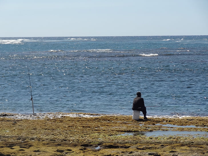 zvejnieks, vīrietis, gaida, sēde, jūra, daba, okeāns