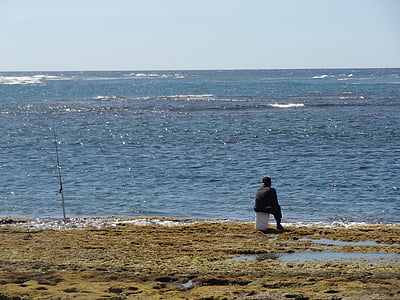 pescador, homem, à espera, sentado, mar, natureza, oceano