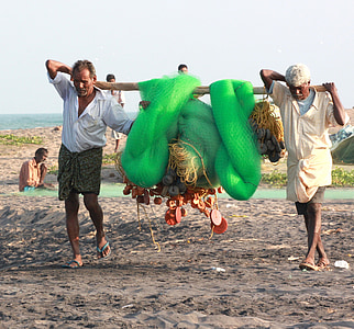 ribari, mreže, Indija, rad, ribolov, plaža, mreža za ribolov