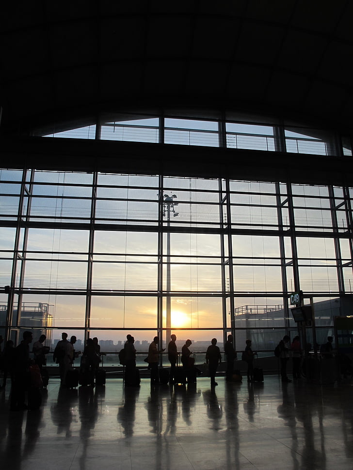 lidosta, cilvēki, ceļojumi, saullēkts, gaida, silueti