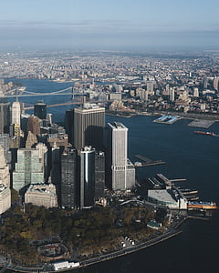 aerial, photography, city, body, water, skyscraper, waterfront