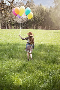 person, human, female, girl, long hair, hat, balloons