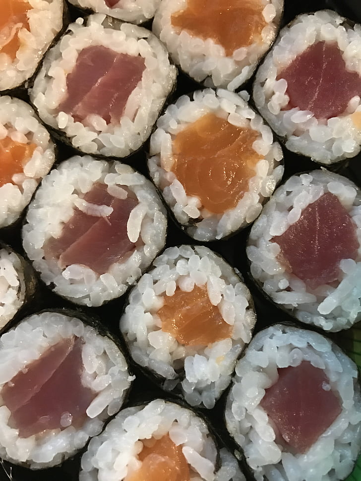 sushi, fish, dinner, snack, rice, orange, pink