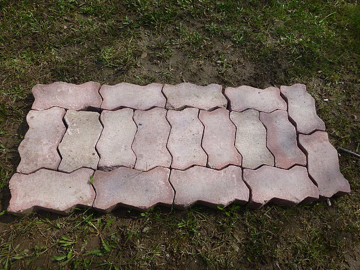 cobblestones, stones, grass, yard, cobblestone, pattern, surface
