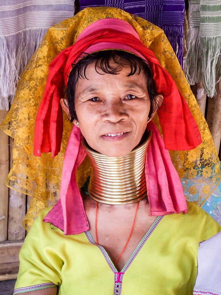 giraff kvinnor, Kayan personer, Burma, Thailand, lång hals, kvinna, smycken