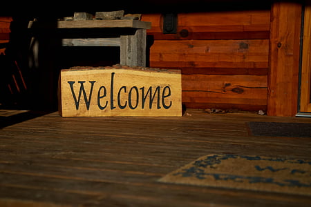 Page d’accueil, maison, intérieur, bois, Bienvenue, signe, bois - matériau