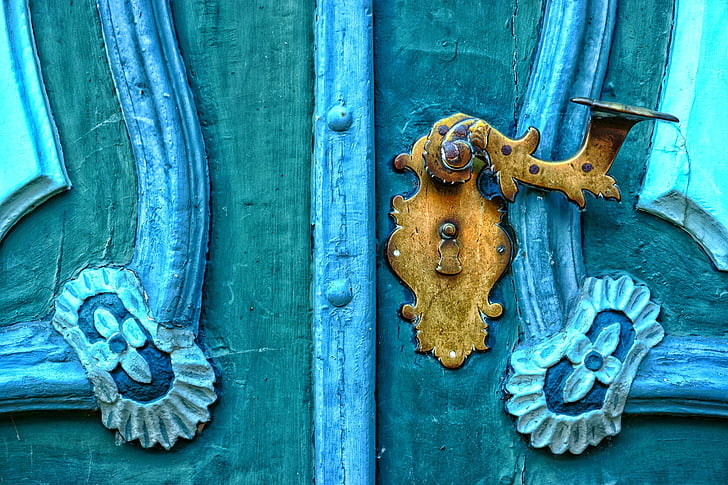 pils, zila, durvis, romantisks, ēka, durvju rokturi, Vācija