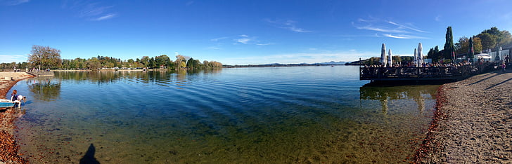 панорама, езеро, вода, банка, синьо небе, Германия, Бавария
