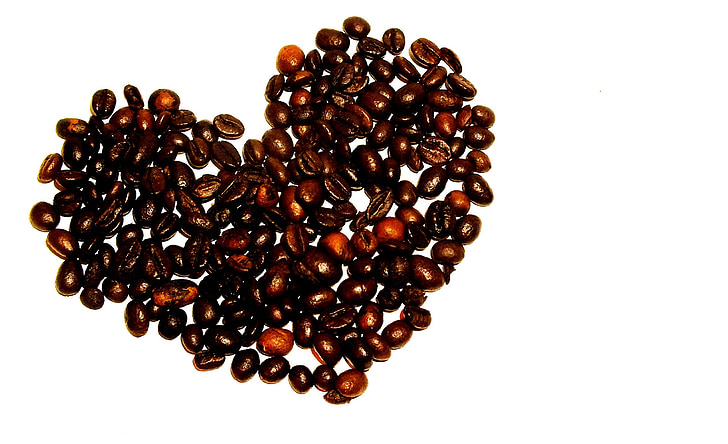 heart, coffee, white background, the drink, teacup, coffee beans, closeup