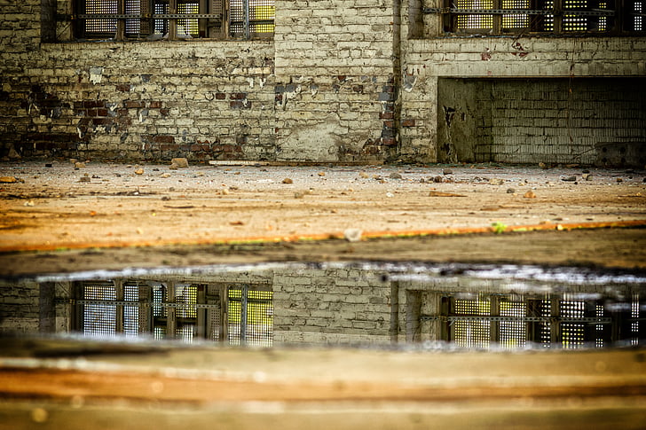 mirroring, water, lost places, reflections, factory hall, puddle, wall