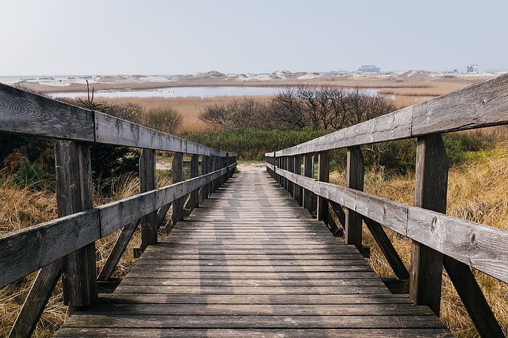 gray, wooden, bridge, wood, stairs, railing, bushes