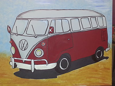 Auto, VW buss, konst, målning, bild, färg, målade