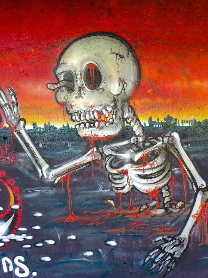 graffiti, esquelet, mort, entorn, fi del món, ombrívol, residus