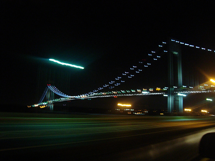 verrazano bridge, brooklyn, highway, night, lights, traffic, blur