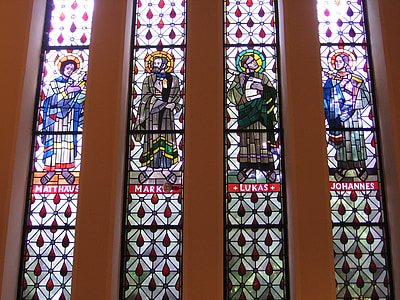 l'església, finestra, evangelistes, finestra de l'església, vidrieres, fe