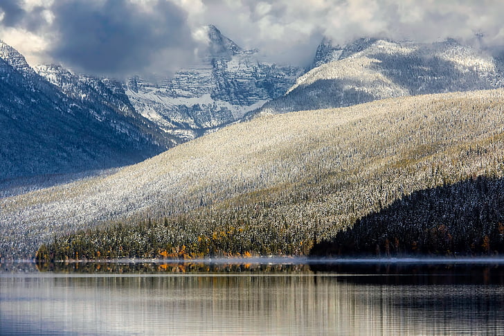 Lake mcdonald, Glacier Nationaalpark, Montana, landschap, bos, bomen, Woods