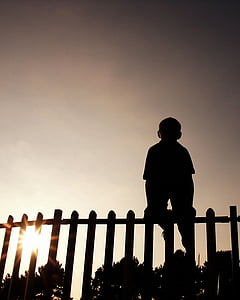 child, fence, boy, climbing, sun, silhouette, person