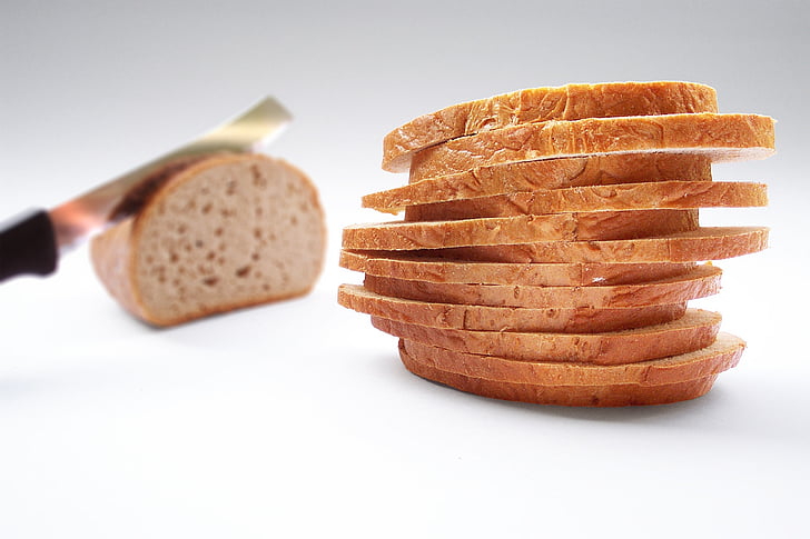 bread, slice of bread, knife, cut, food, breakfast, snack