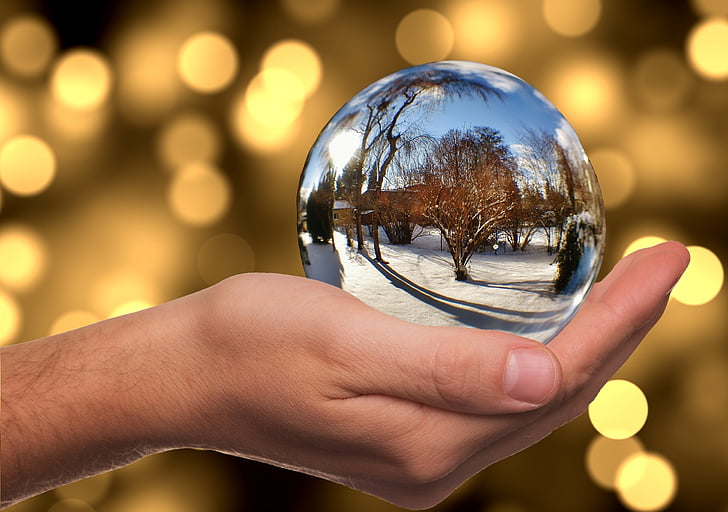 glass ball, winter, snow, mirroring, hand, human body part, human hand