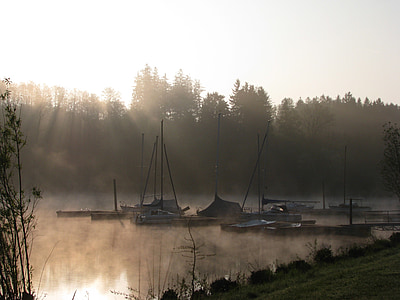 Boot, sjön, morgon, dimma, solen, uppkomsten, webben